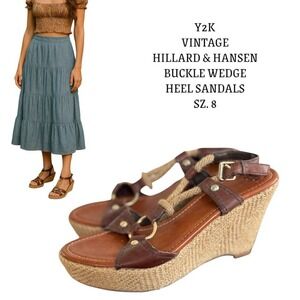 Y2K VTG. BROWN BUCKLE ROPE WEDGE SANDALS HILLARD & HANSEN SZ. 8‎